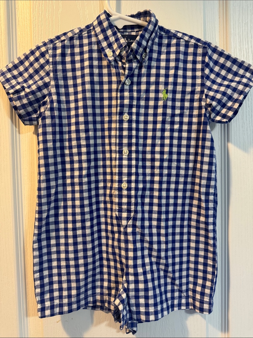 Ralph Lauren 18 Months Blue and White Gingham Button-Down Shirt Romper
